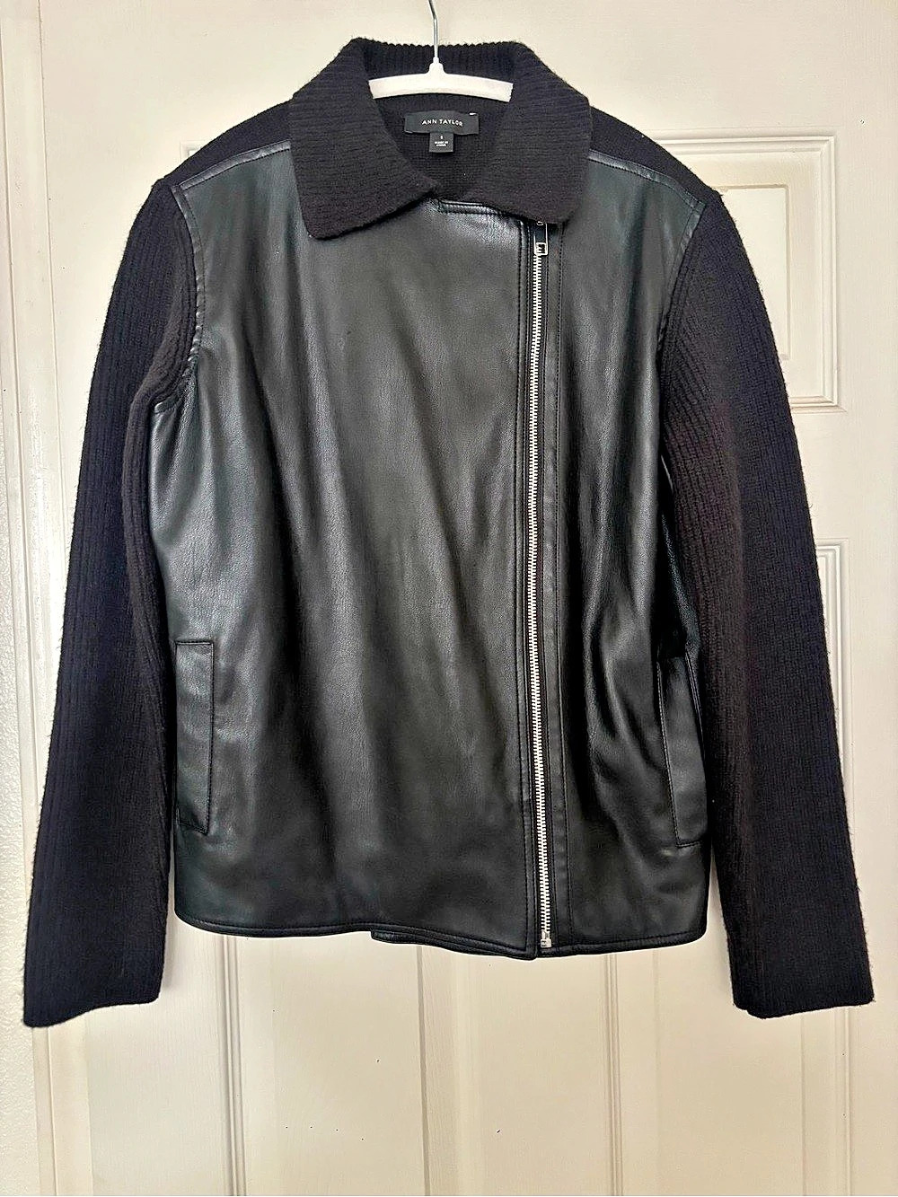 Ann Taylor Faux Leather Moto Sweater Jacket (Small)